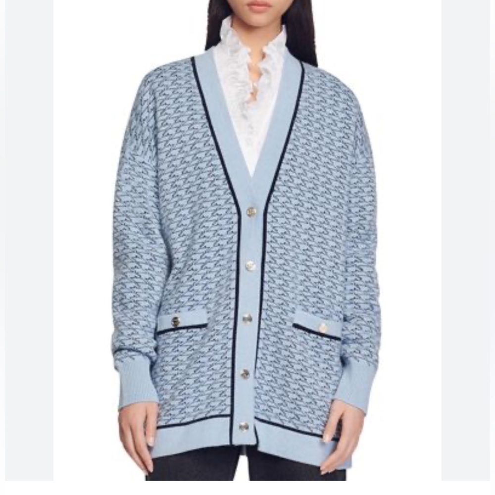 Sandro France Preston Intarsia Oversized Cardigan Preppy Chic Old Money